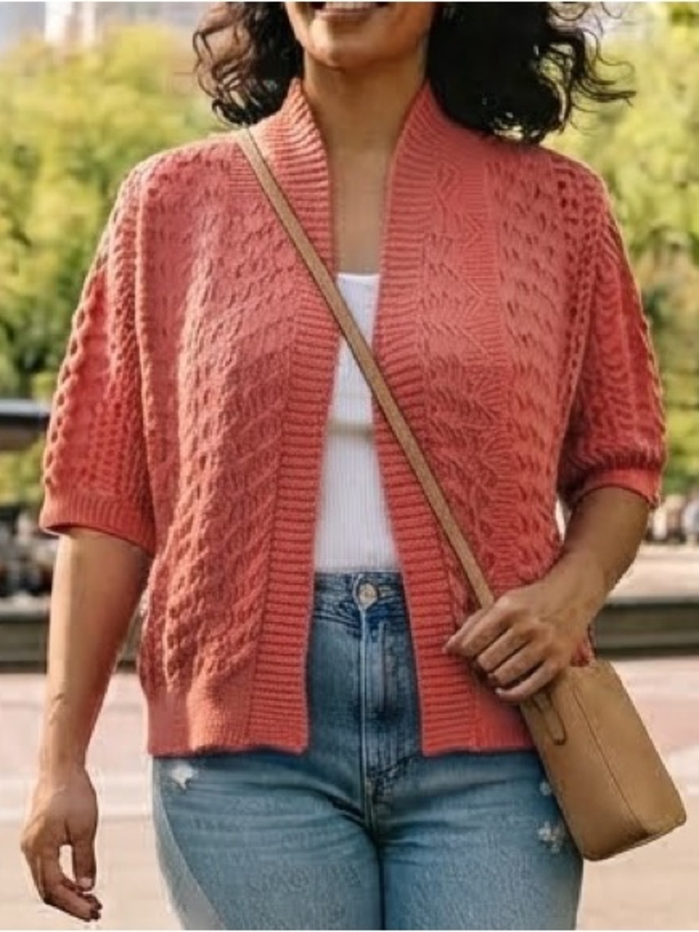 Coral Pink Textured Open Front Short Sleeve Knit Cardigan XL Coquette Twee Boho